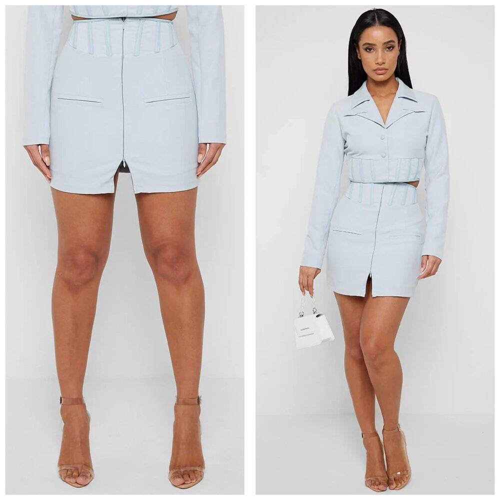 Maniere De Voir Corset Waist Mini Skirt Size 12 Pale Blue Stretch Double Zip